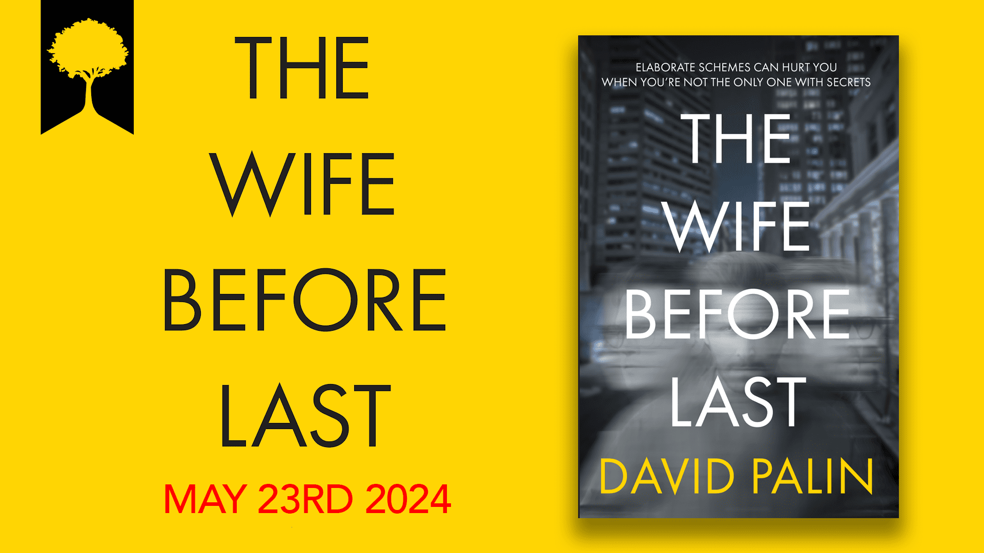 A graphic advertising 'The Wife Before Last'. The cover of 'The Wife Before Last' on a yellow background.