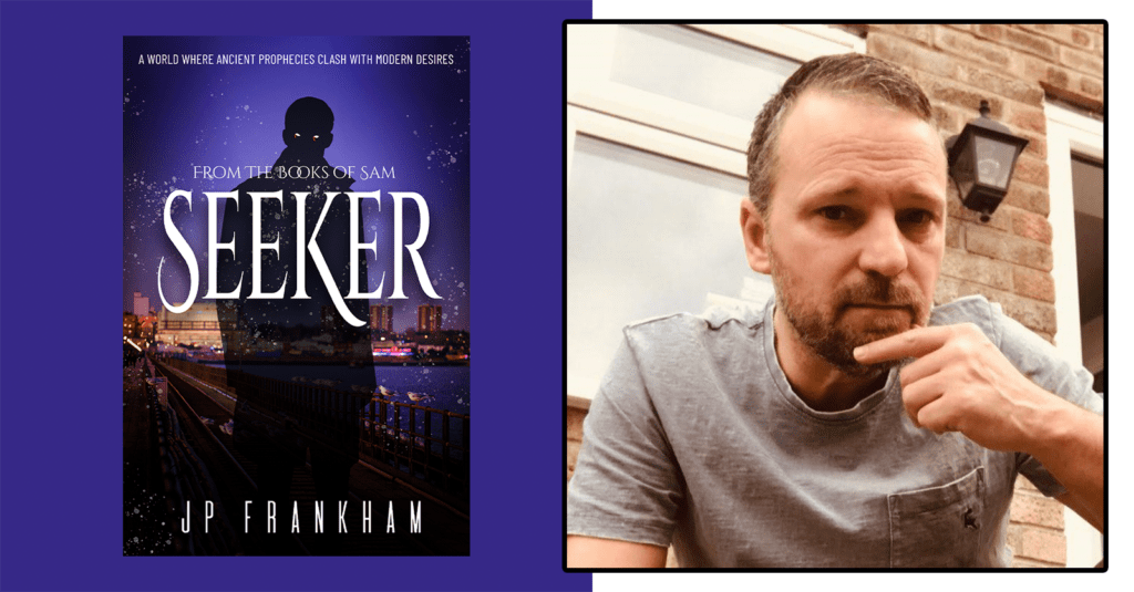 The cover of Seeker alongside a photo of author JP Frankham